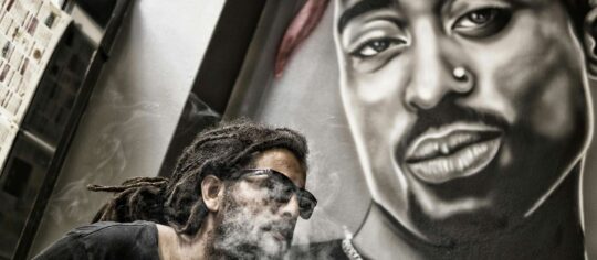 Man with dreadlocks standing in front of Tupac Shakur mural